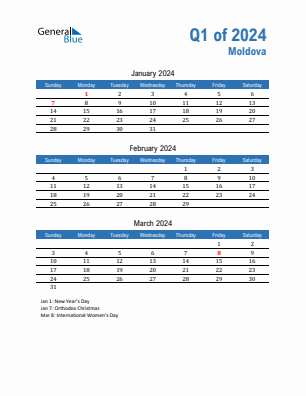 Moldova Quarter 1  2024 calendar template