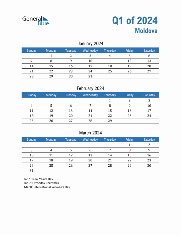 Moldova 2024 Quarterly Calendar with Sunday Start