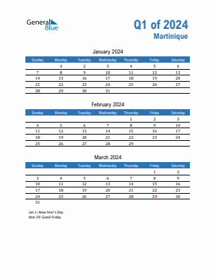 Martinique Quarter 1  2024 calendar template