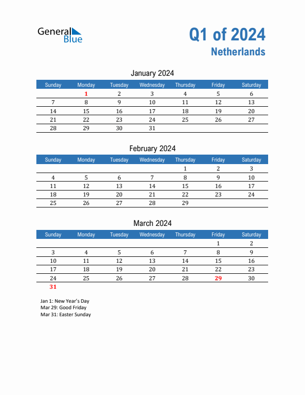 Netherlands 2024 Quarterly Calendar with Sunday Start