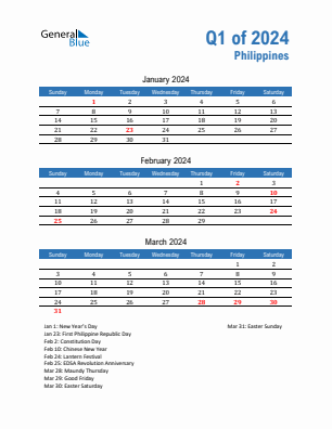 Philippines Quarter 1  2024 calendar template