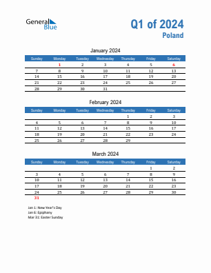 Poland Quarter 1  2024 calendar template