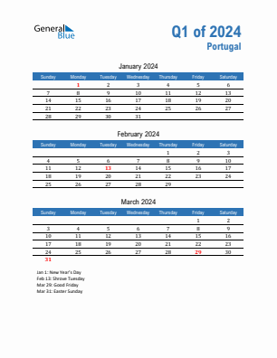 Portugal Quarter 1  2024 calendar template