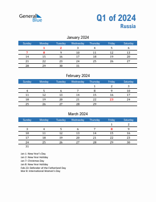 Russia Quarter 1  2024 calendar template