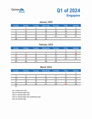 Singapore Quarter 1  2024 calendar template