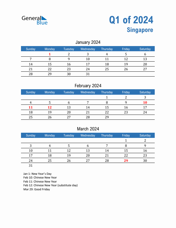 Singapore 2024 Quarterly Calendar with Sunday Start