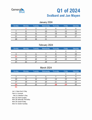 Svalbard and Jan Mayen Quarter 1  2024 calendar template
