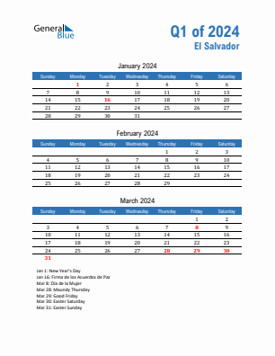 El Salvador Quarter 1  2024 calendar template