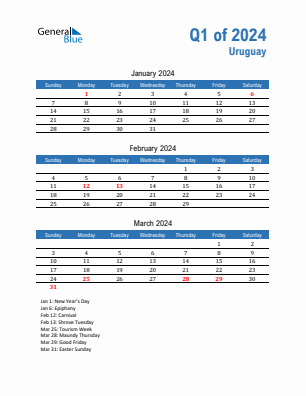 Uruguay Quarter 1  2024 calendar template