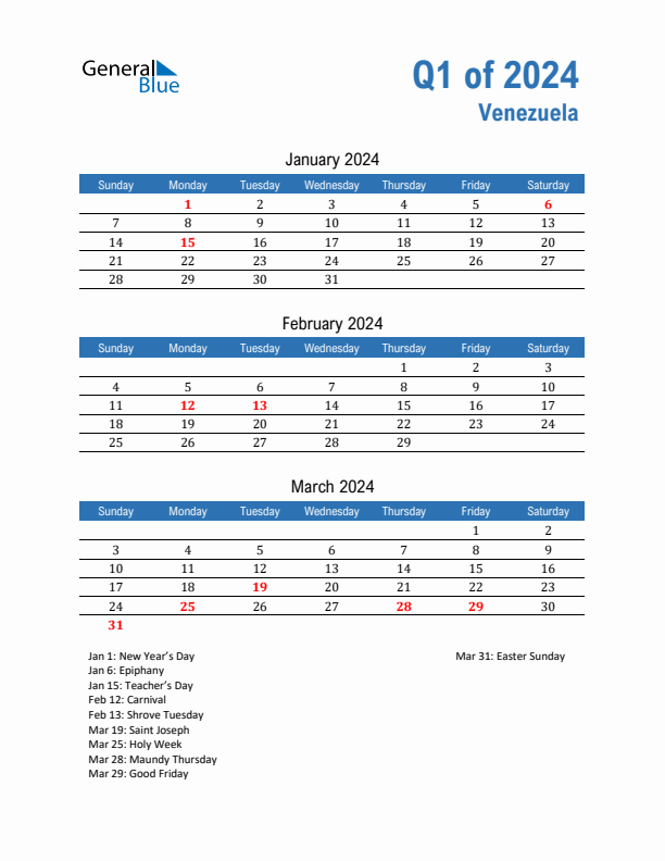 Venezuela 2024 Quarterly Calendar with Sunday Start