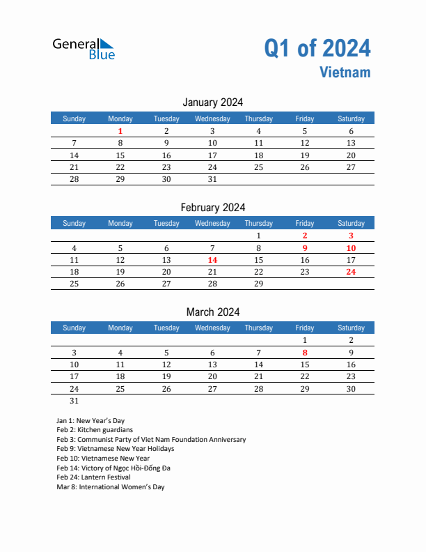 Vietnam 2024 Quarterly Calendar with Sunday Start