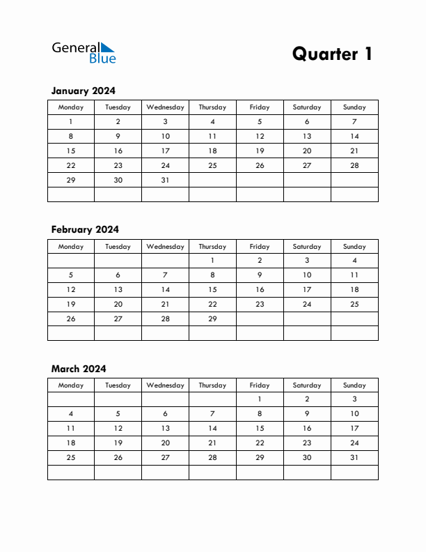 Quarter 1 2024 Calendar - Monday Start