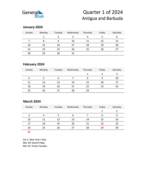  2024 Three-Month Calendar for Antigua and Barbuda
