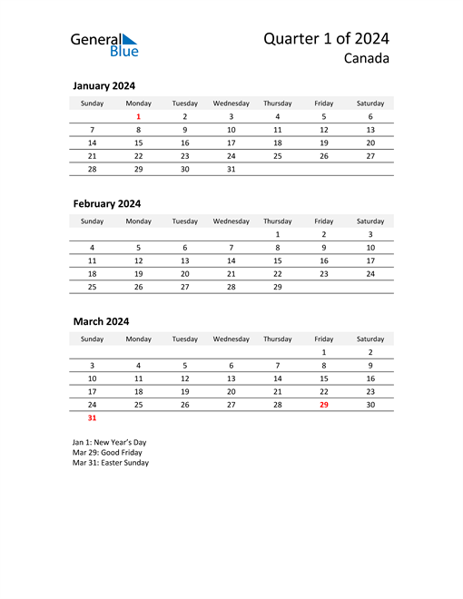 Q1 2024 Quarterly Calendar with Canada Holidays