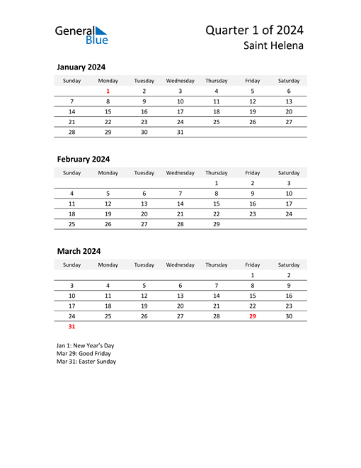  2024 Three-Month Calendar for Saint Helena