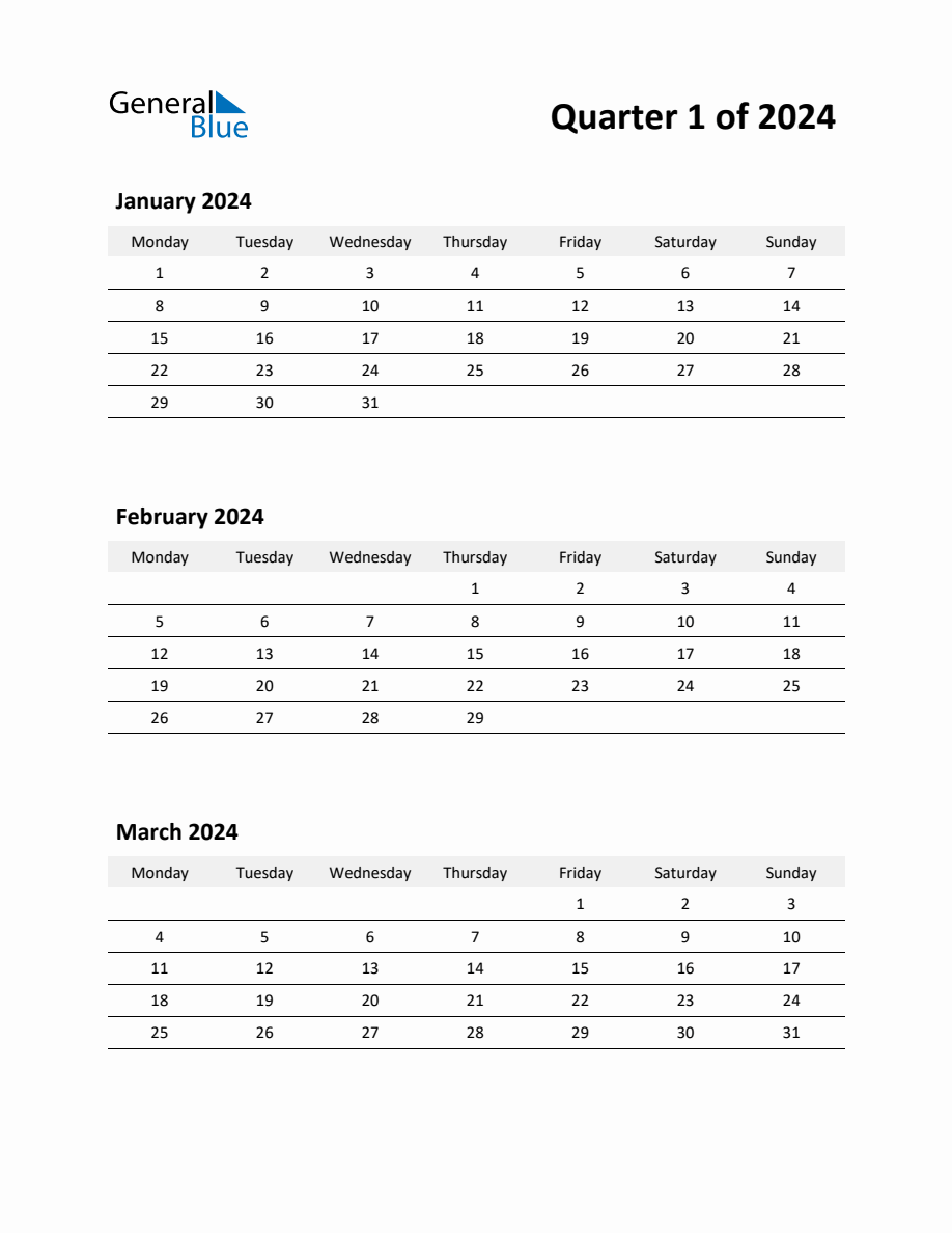 2024 Q1 ThreeMonth Calendar (January, February, and March)