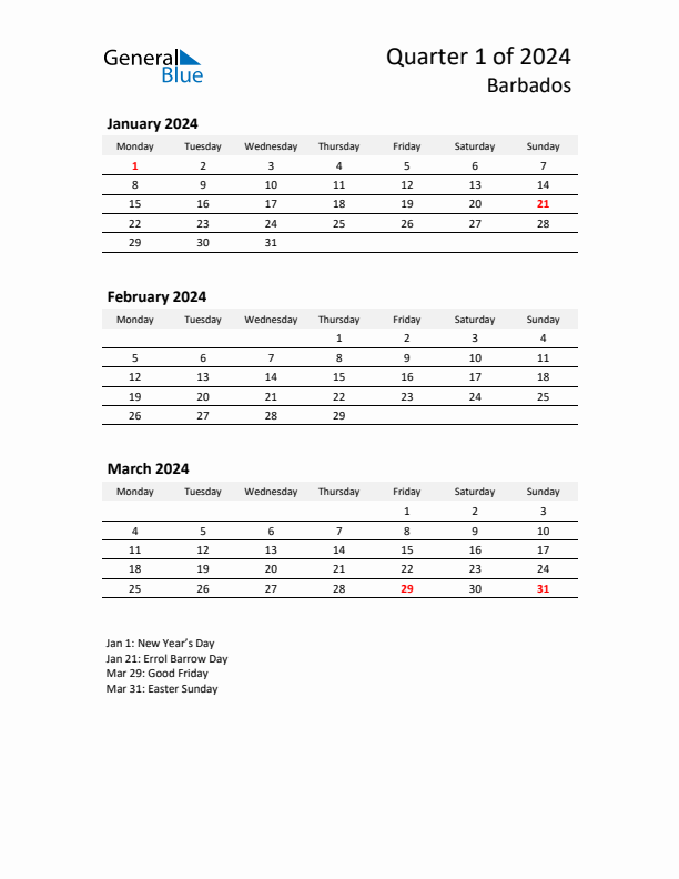 2024 Three-Month Calendar for Barbados