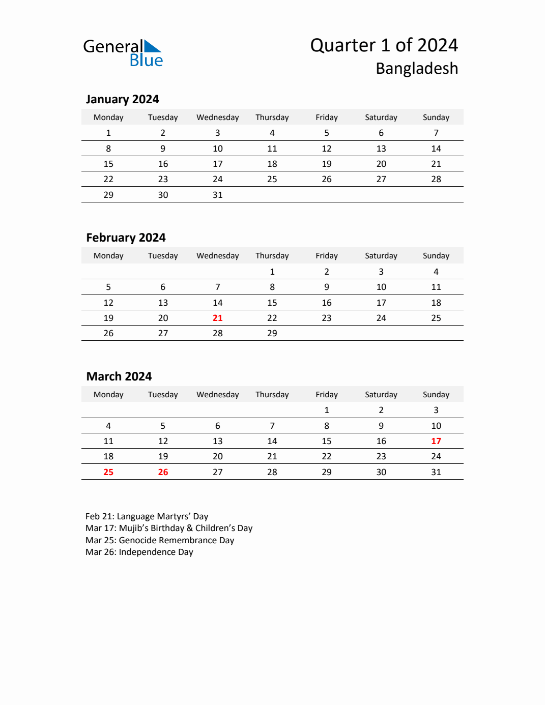 Threemonth calendar for Bangladesh Q1 of 2024