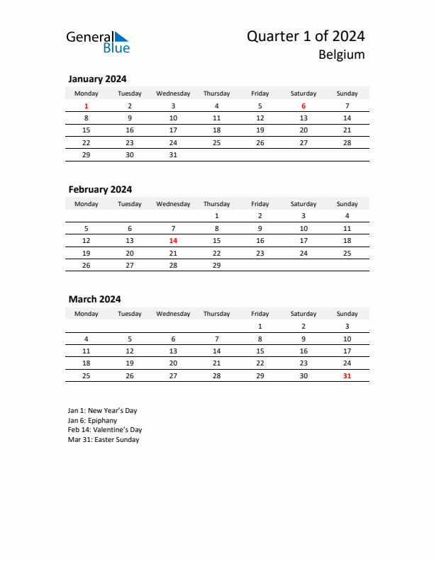Q1 2024 Monday Start Quarterly Calendar with Belgium Holidays