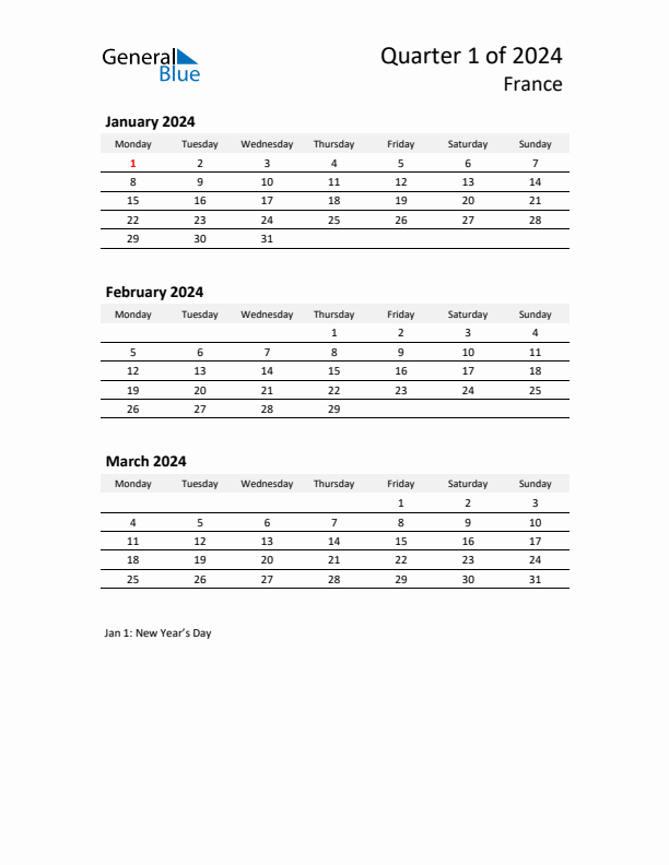 Q1 2024 Monday Start Quarterly Calendar with France Holidays