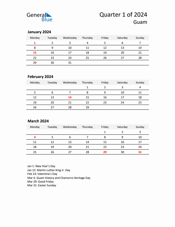 2024 Three-Month Calendar for Guam
