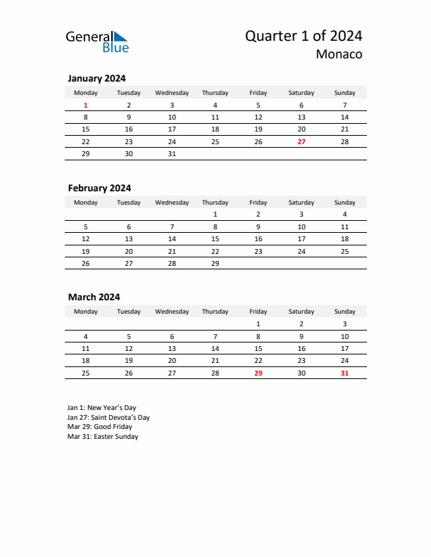 2024 Three-Month Calendar for Monaco