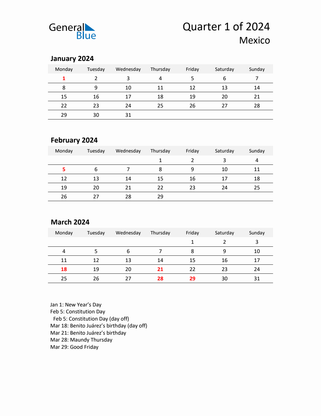 Q1 2024 Monday Start Quarterly Calendar with Mexico Holidays