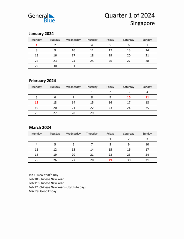 Q1 2024 Monday Start Quarterly Calendar with Singapore Holidays