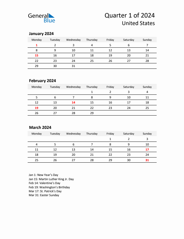 Q1 2024 Monday Start Quarterly Calendar with United States Holidays
