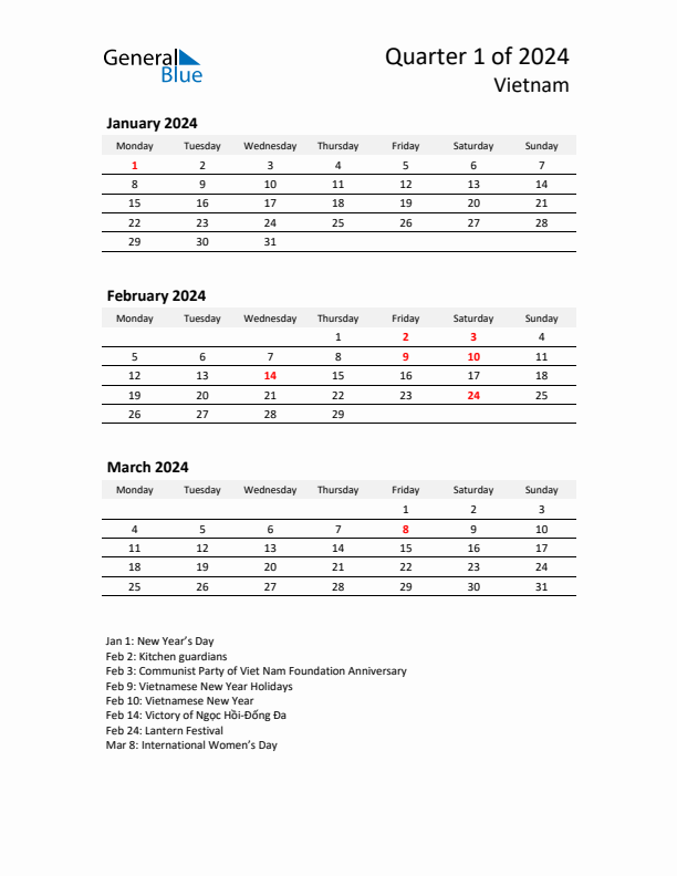 2024 Three-Month Calendar for Vietnam