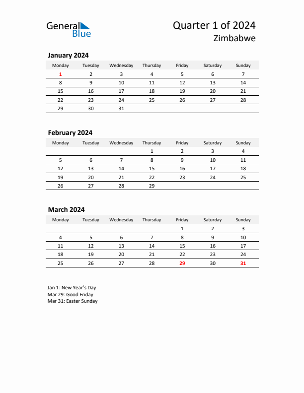 Q1 2024 Monday Start Quarterly Calendar with Zimbabwe Holidays