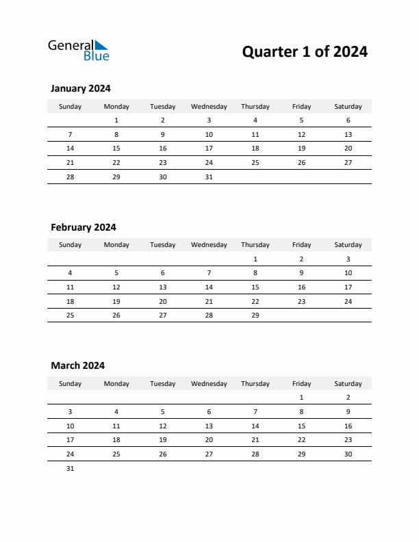 2024 Three-Month Calendar (Quarter 1)
