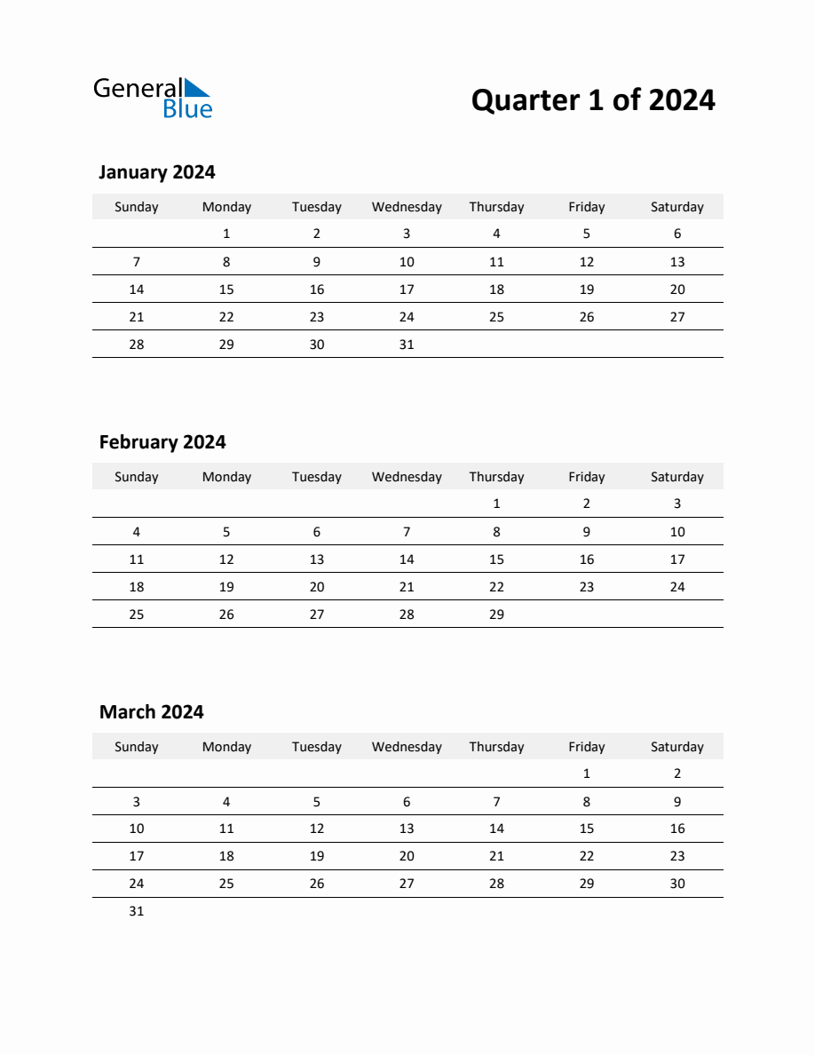 2024 Q1 ThreeMonth Calendar (January, February, and March)