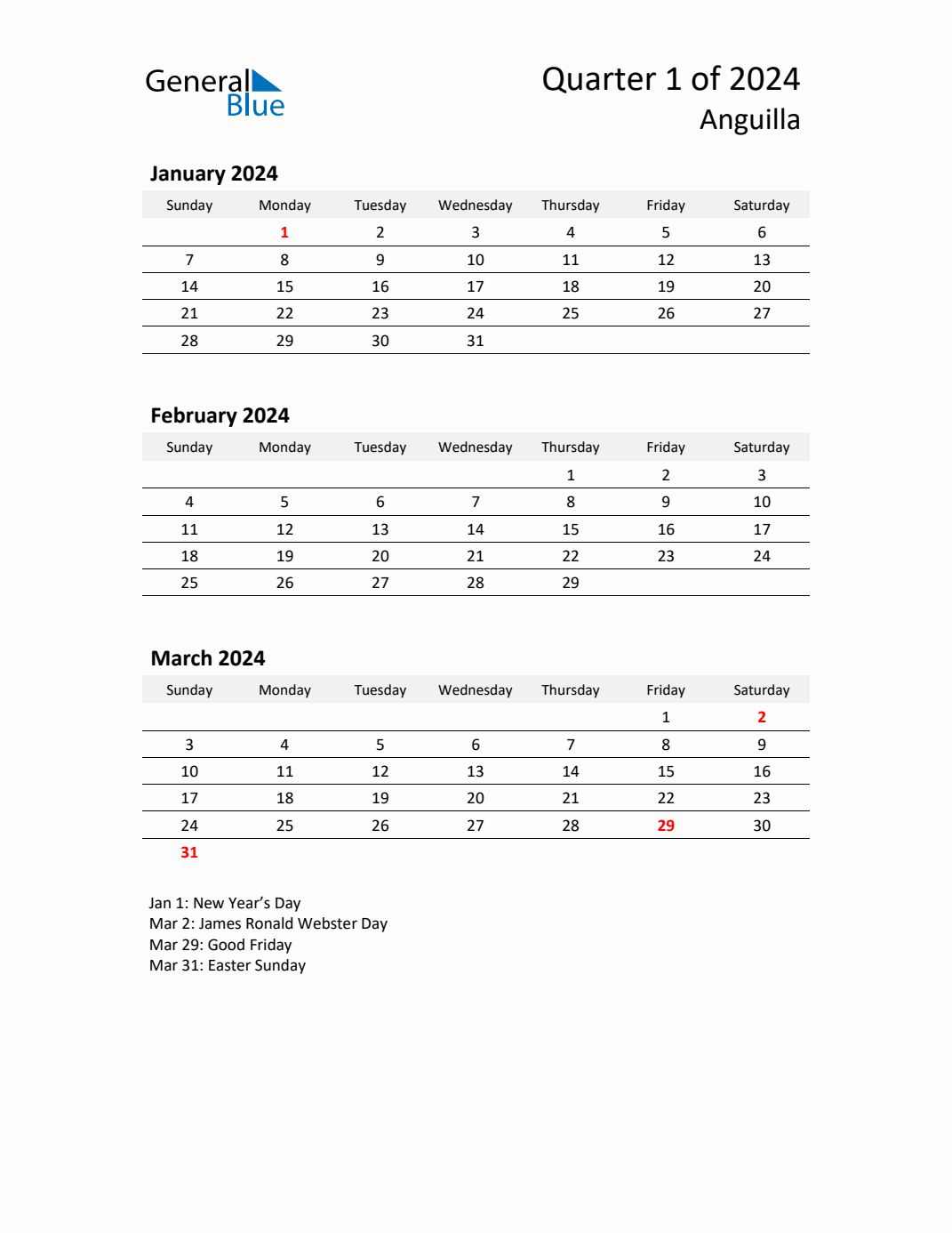 Q1 2024 Quarterly Calendar with Anguilla Holidays