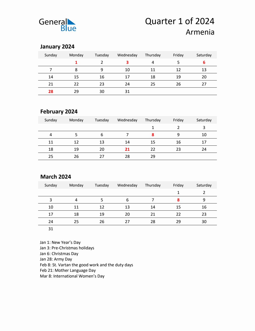 Q1 2024 Quarterly Calendar with Armenia Holidays