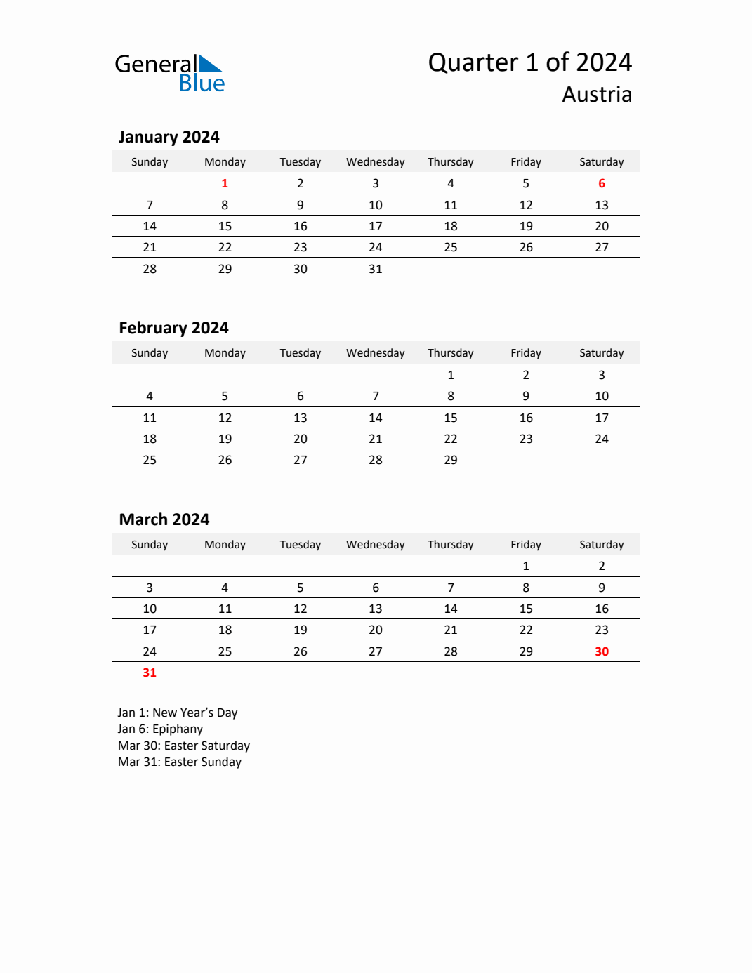 Q1 2024 Quarterly Calendar with Austria Holidays (PDF, Excel, Word)