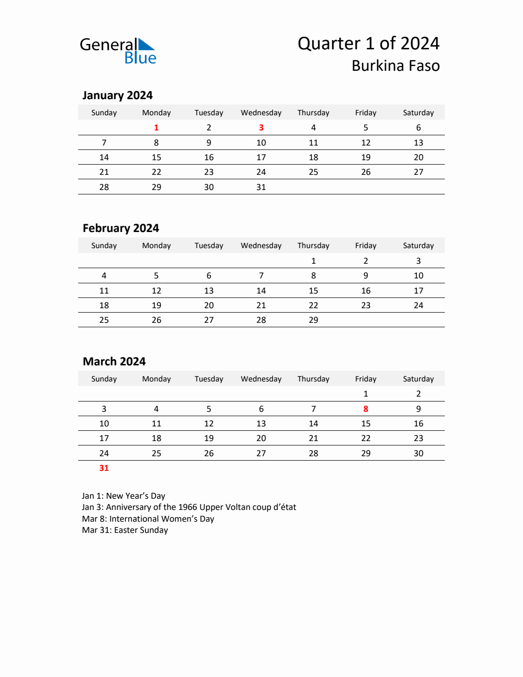 Q1 2024 Quarterly Calendar with Burkina Faso Holidays