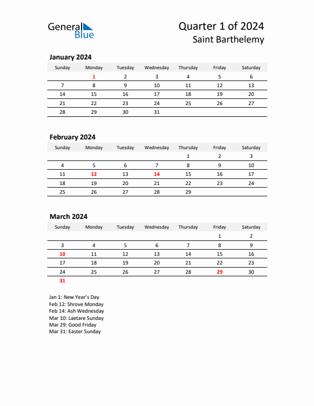 2024 Three-Month Calendar for Saint Barthelemy