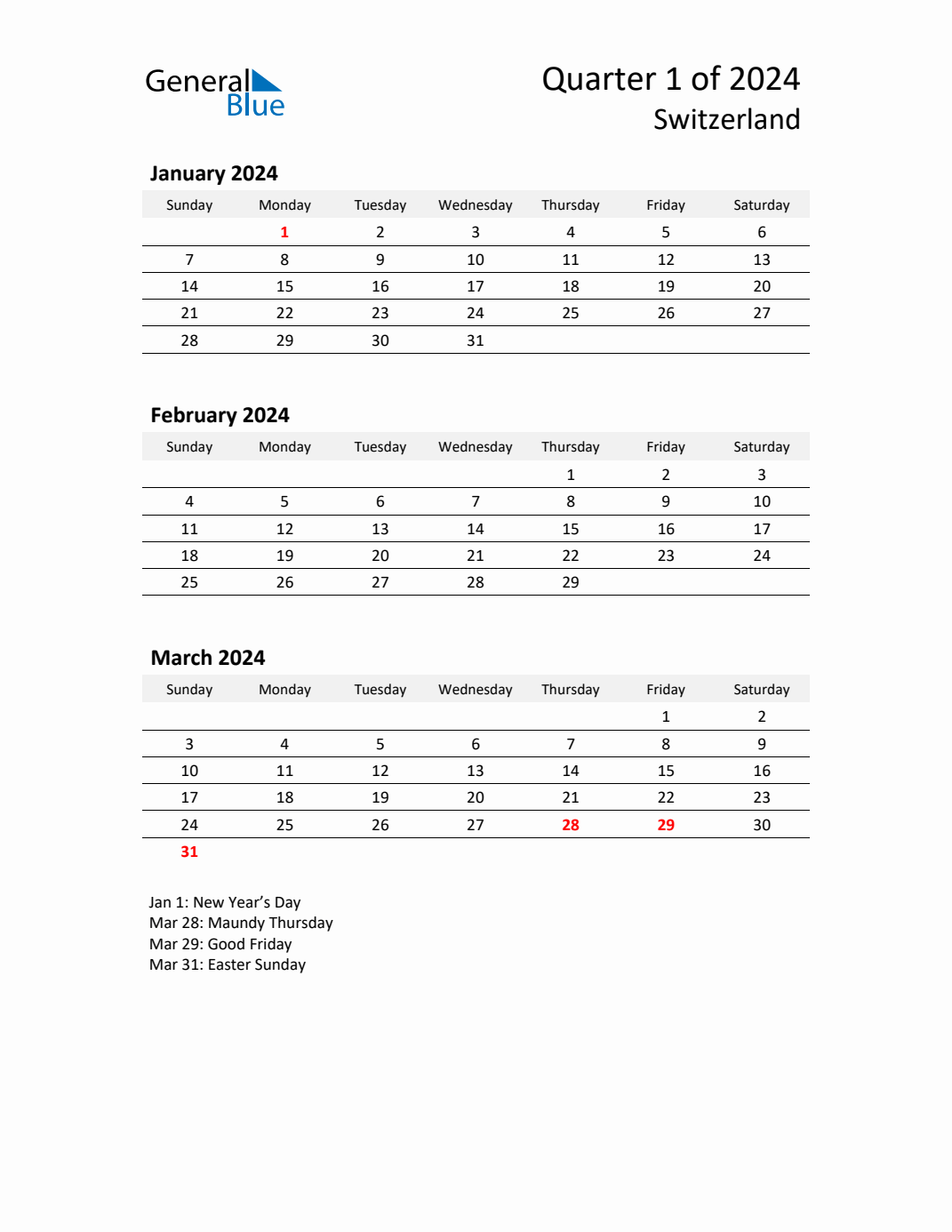 Q1 2024 Quarterly Calendar with Switzerland Holidays (PDF, Excel, Word)