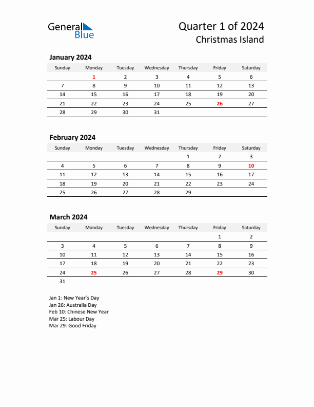 Q1 2024 Quarterly Calendar with Christmas Island Holidays (PDF, Excel