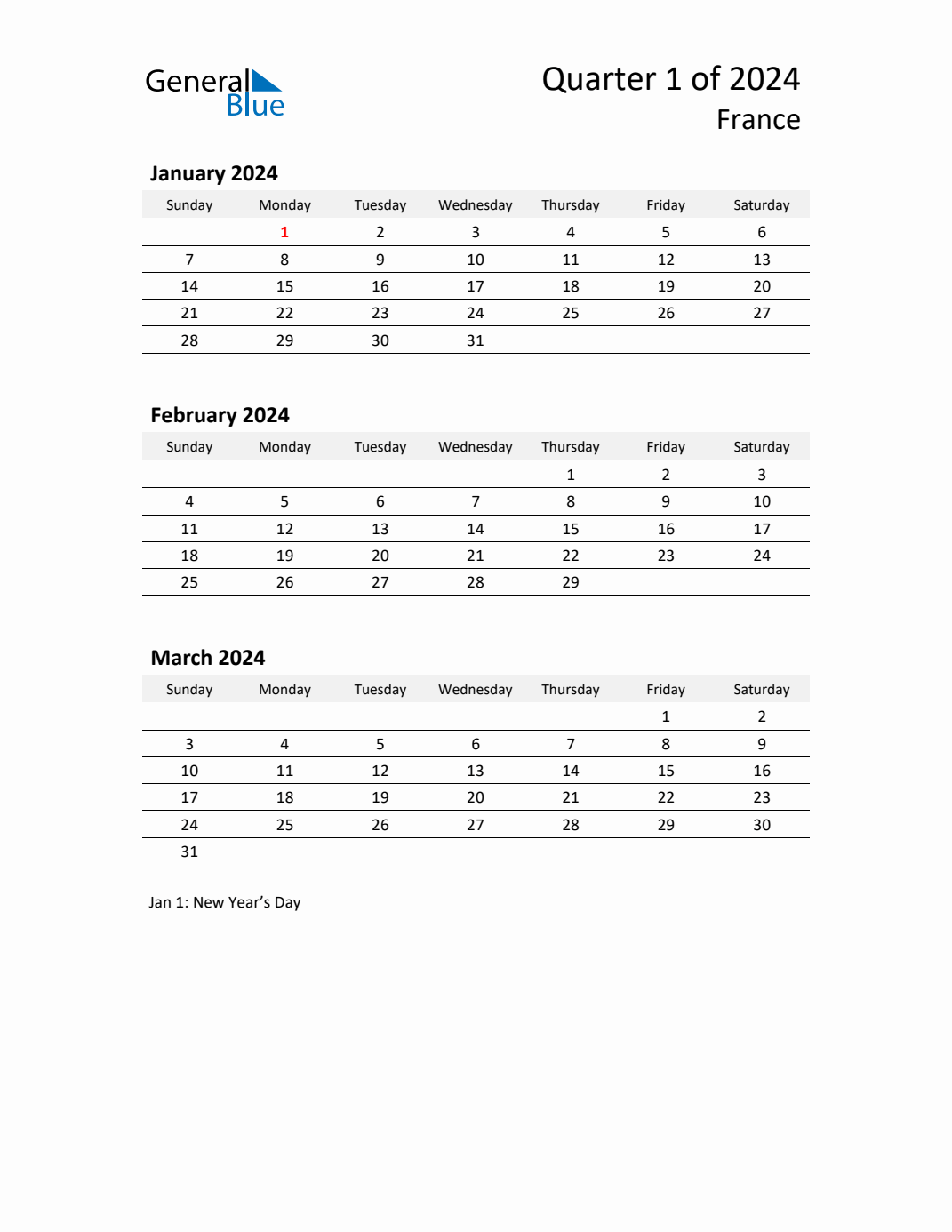 Q1 2024 Quarterly Calendar with France Holidays (PDF, Excel, Word)