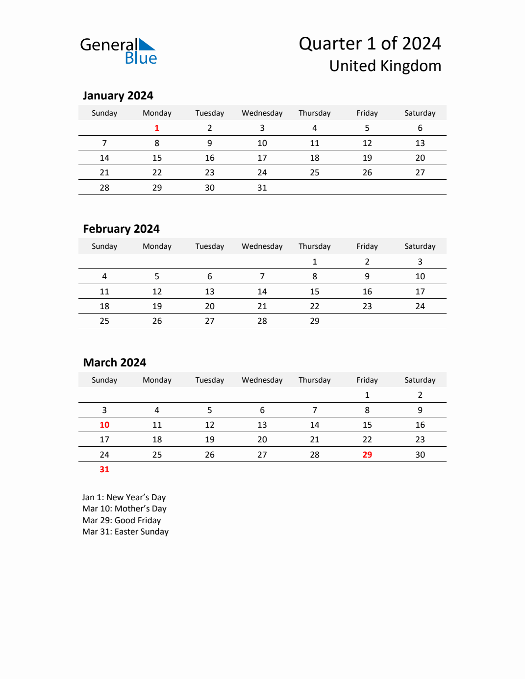Q1 2024 Quarterly Calendar with United Kingdom Holidays (PDF, Excel, Word)