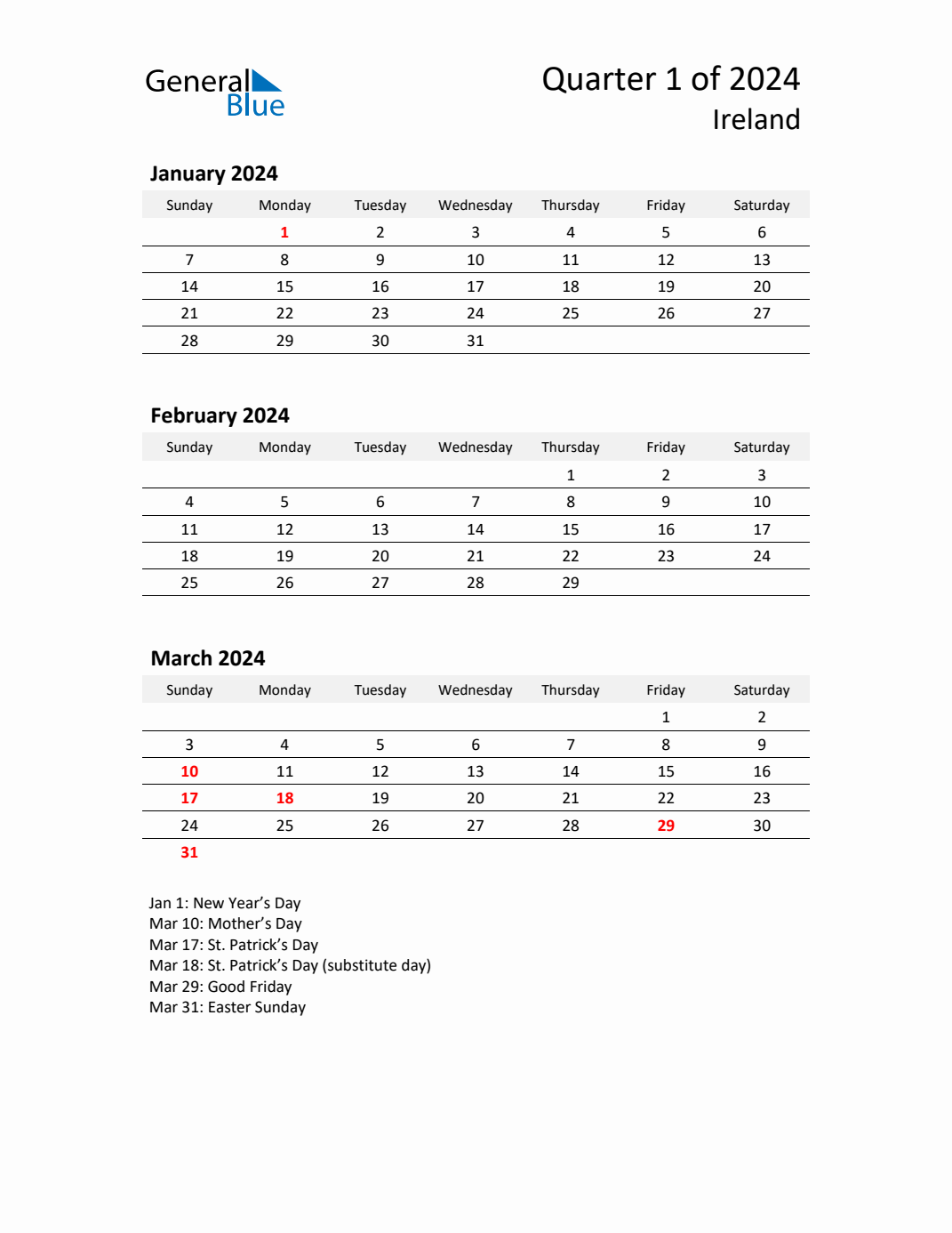 Q1 2024 Quarterly Calendar with Ireland Holidays (PDF, Excel, Word)
