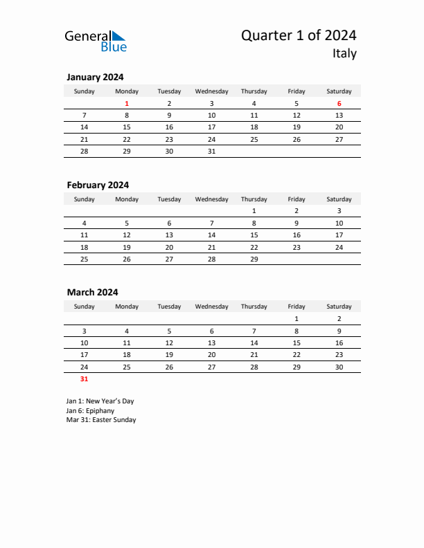 2024 Three-Month Calendar for Italy