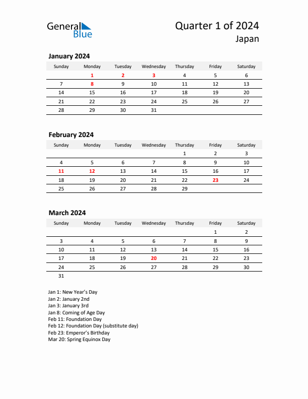 Q1 2024 Quarterly Calendar with Japan Holidays (PDF, Excel, Word)