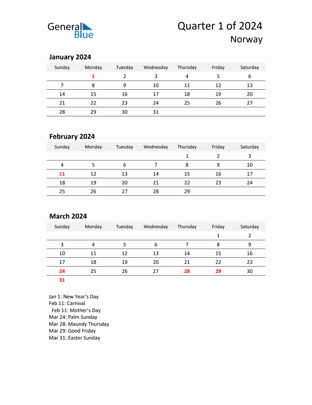 Q1 2024 Quarterly Calendar with Norway Holidays