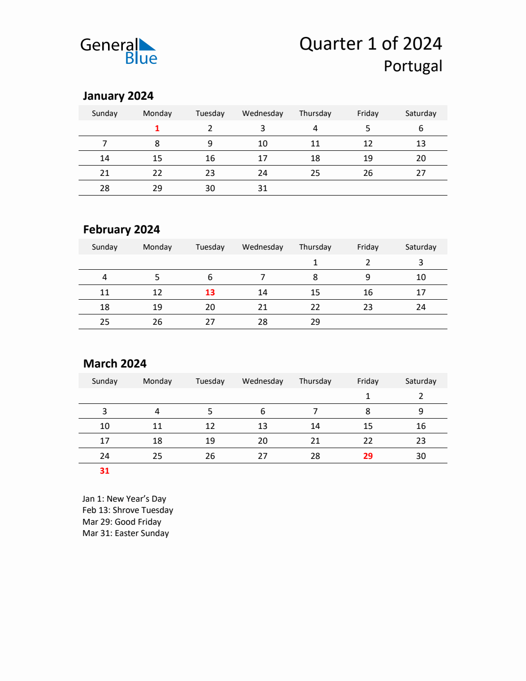 Q1 2024 Quarterly Calendar with Portugal Holidays (PDF, Excel, Word)