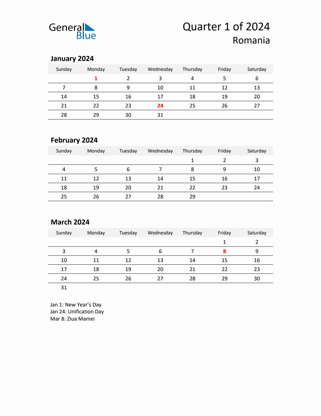 Q1 2024 Quarterly Calendar with Romania Holidays