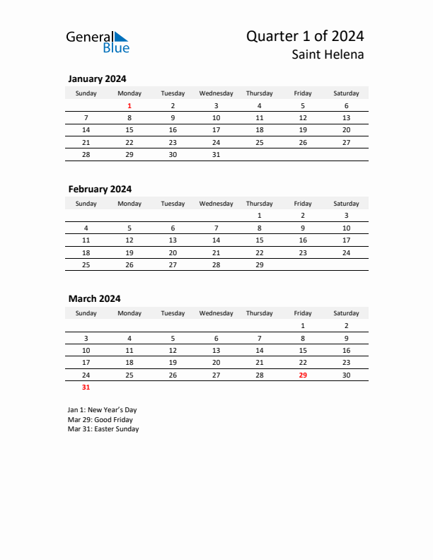 2024 Three-Month Calendar for Saint Helena