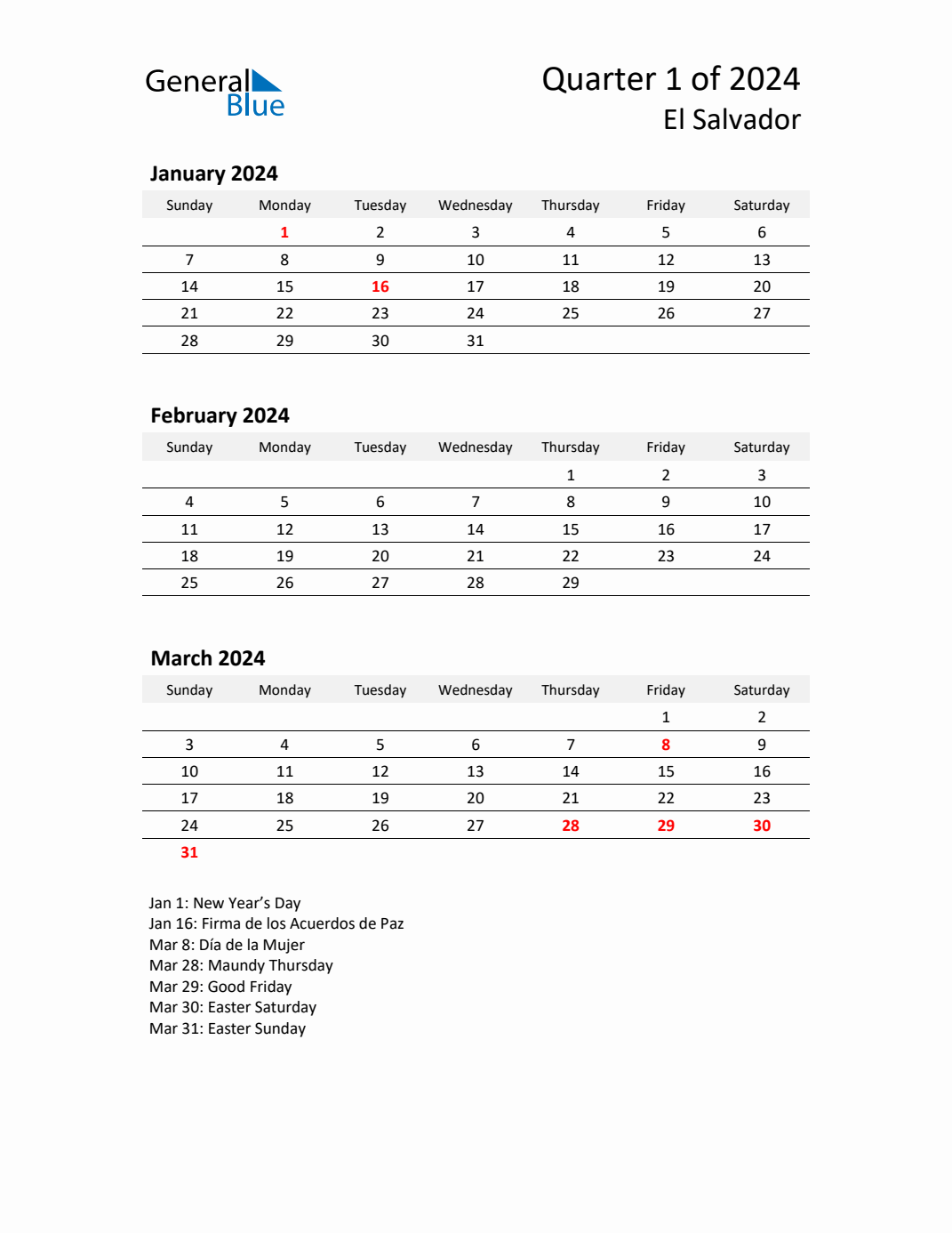 Q1 2024 Quarterly Calendar with El Salvador Holidays (PDF, Excel, Word)